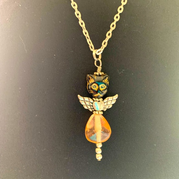 Necklace angel cat flying kitty pink and black - Picture 2 of 6